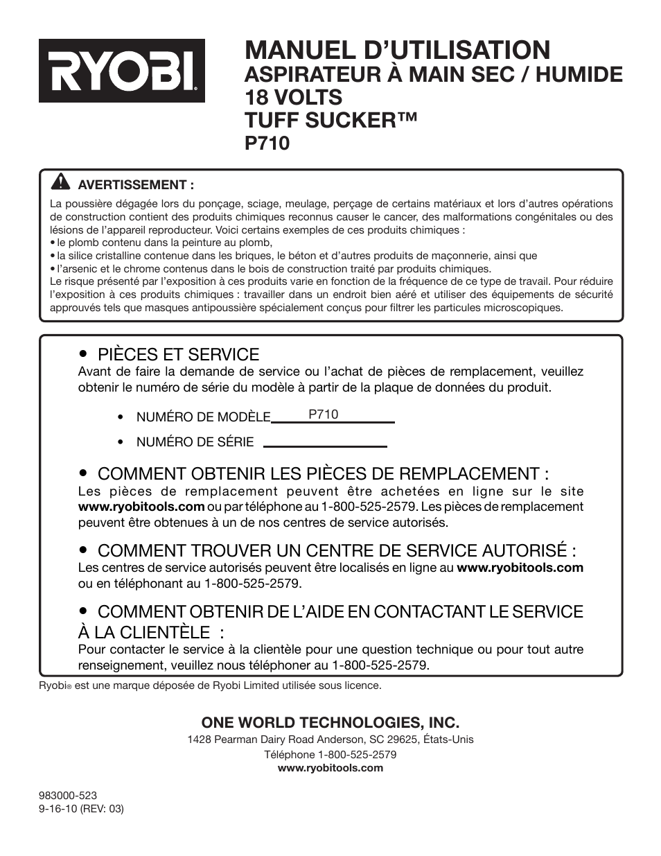 Manuel d’utilisation, P710 | Ryobi P710 User Manual | Page 28 / 44