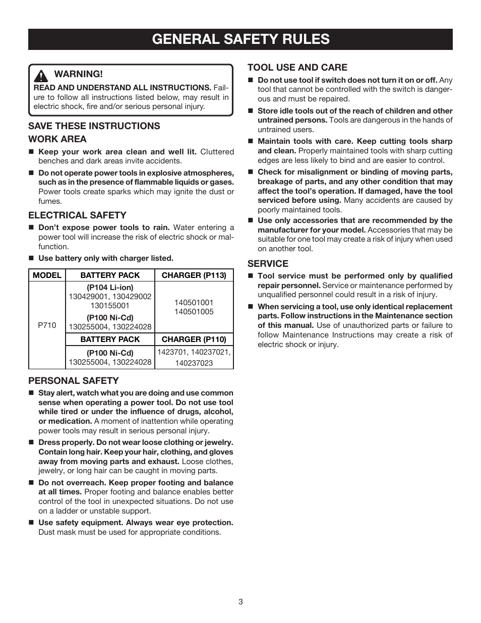 General safety rules | Ryobi P710 User Manual | Page 3 / 44