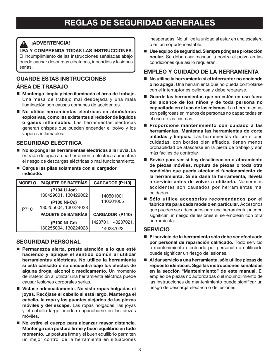 Reglas de seguridad generales | Ryobi P710 User Manual | Page 31 / 44