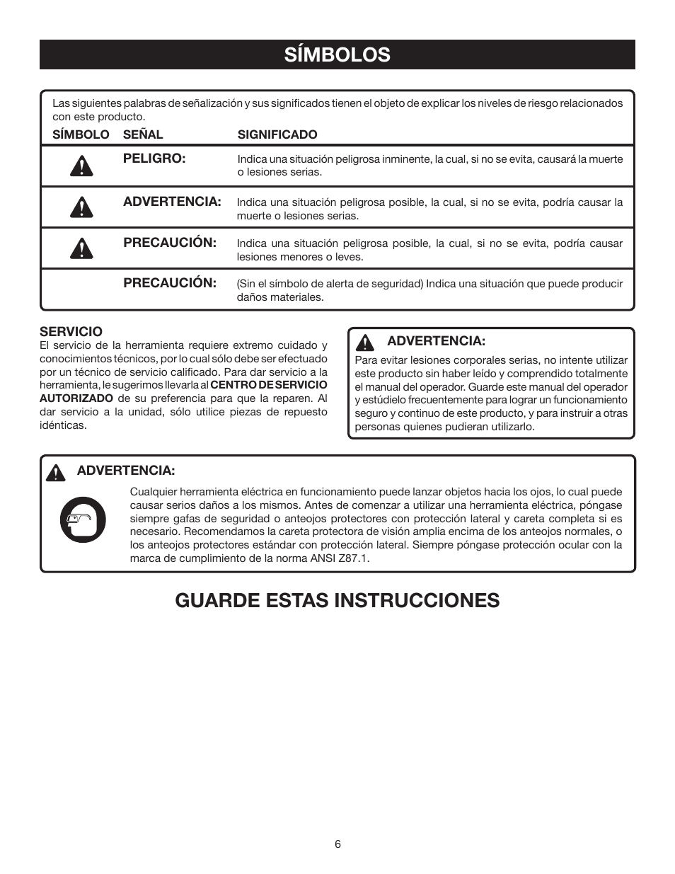 Símbolos, Guarde estas instrucciones | Ryobi P710 User Manual | Page 34 / 44