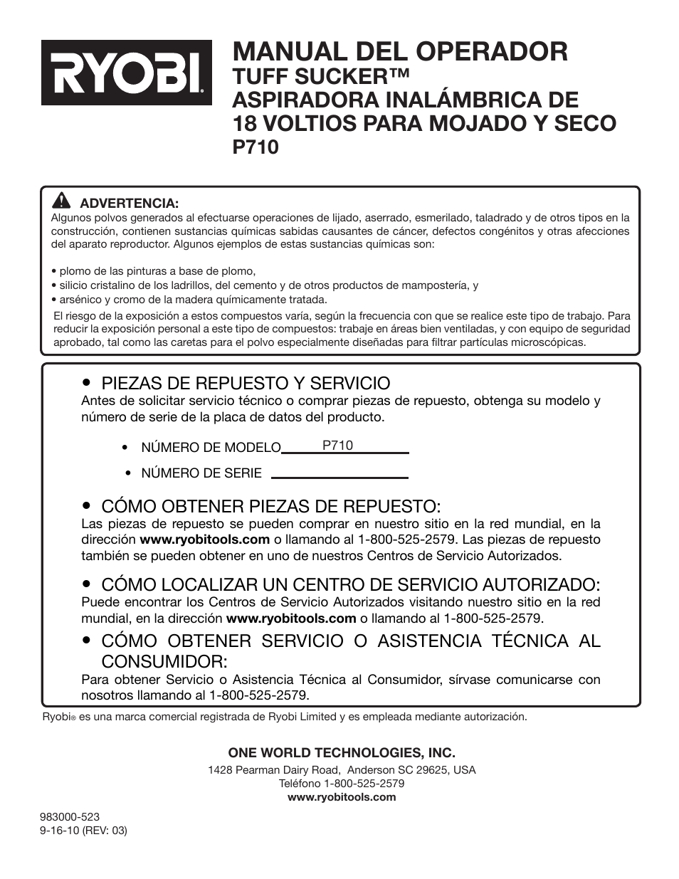 Manual del operador, P710 | Ryobi P710 User Manual | Page 44 / 44