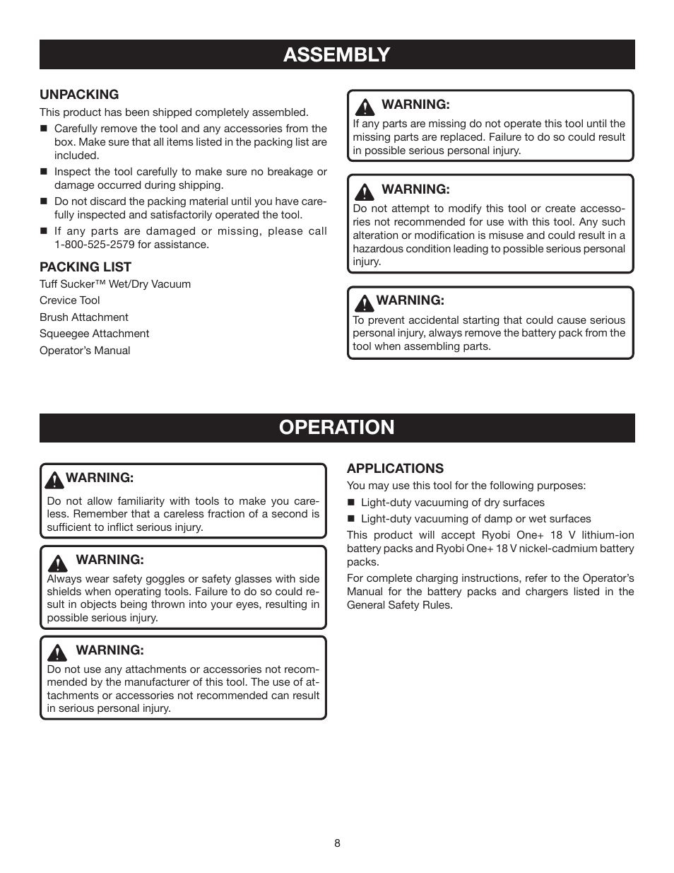 Assembly, Operation | Ryobi P710 User Manual | Page 8 / 44