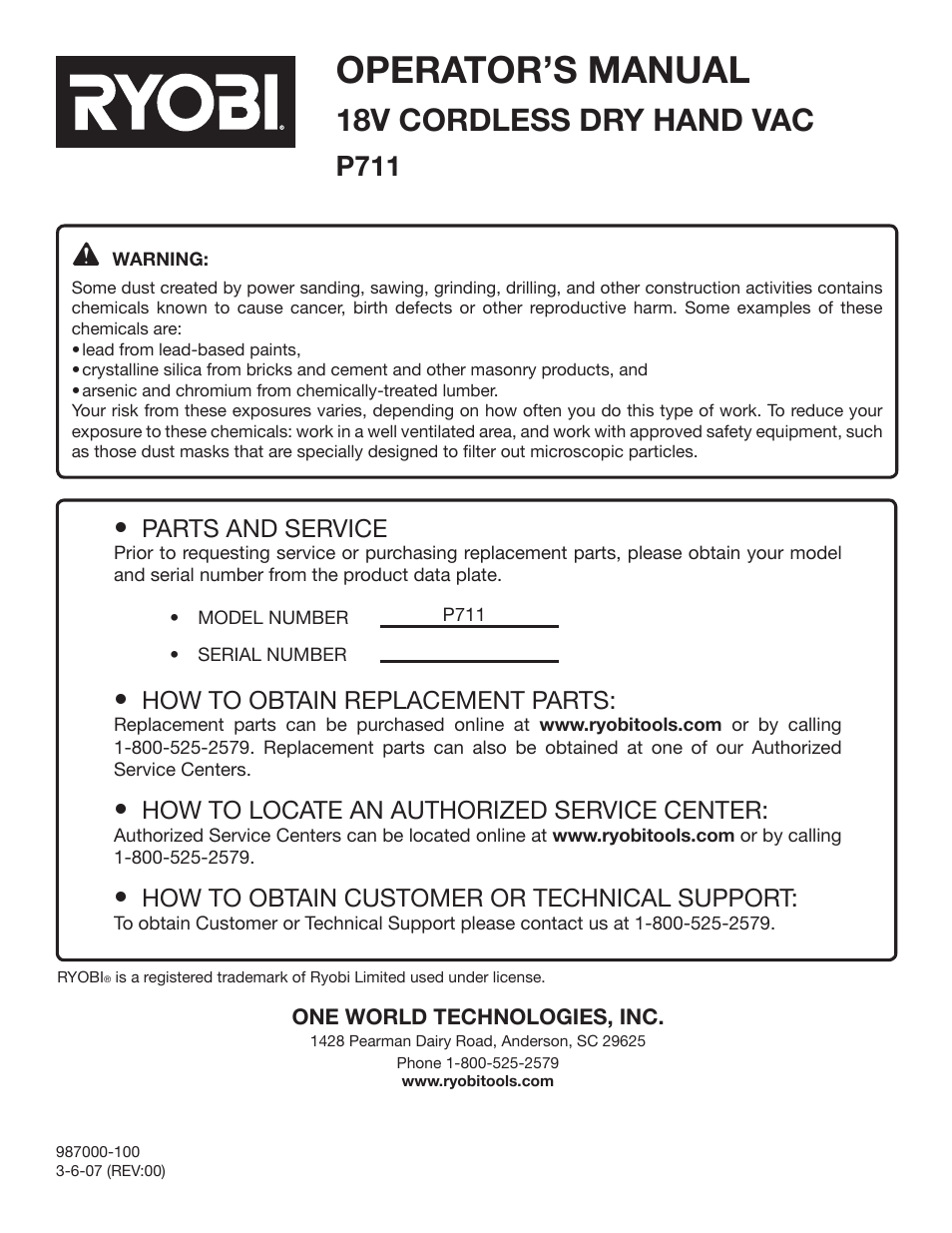 Operator’s manual, 18v cordless dry hand vac, P711 | Parts and service, How to obtain replacement parts, How to locate an authorized service center, How to obtain customer or technical support | Ryobi P711 User Manual | Page 14 / 14