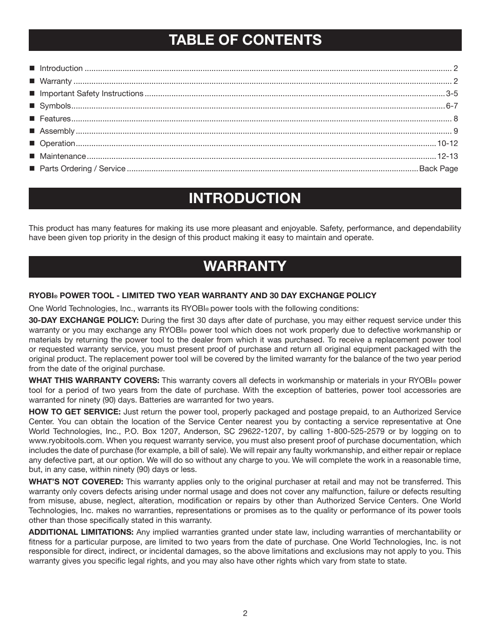 Table of contents introduction, Warranty | Ryobi P711 User Manual | Page 2 / 14