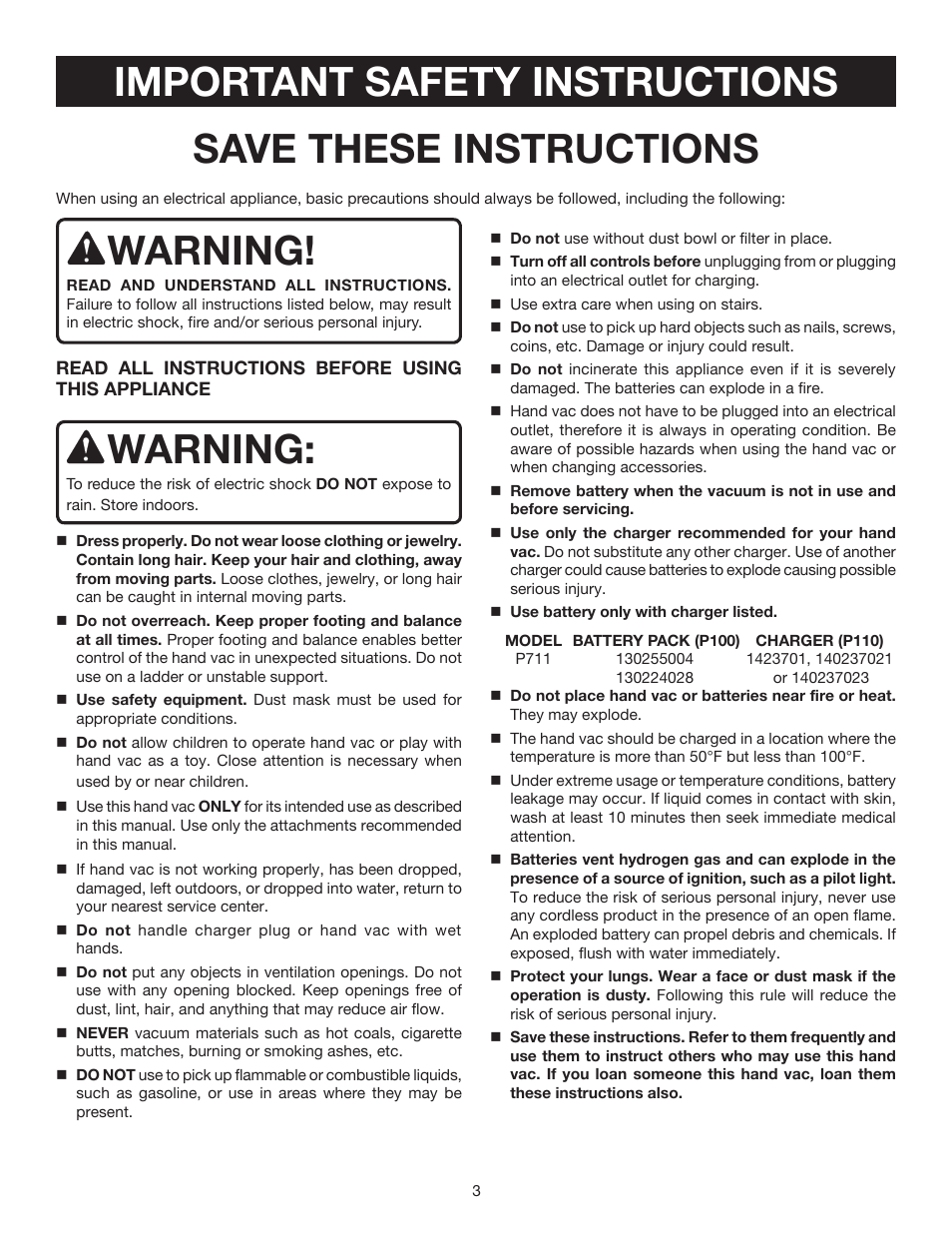 Warning | Ryobi P711 User Manual | Page 3 / 14