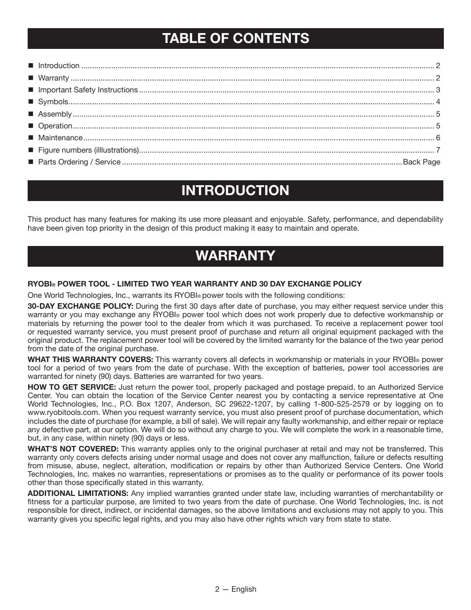 Table of contents introduction, Warranty | Ryobi P712 User Manual | Page 2 / 20