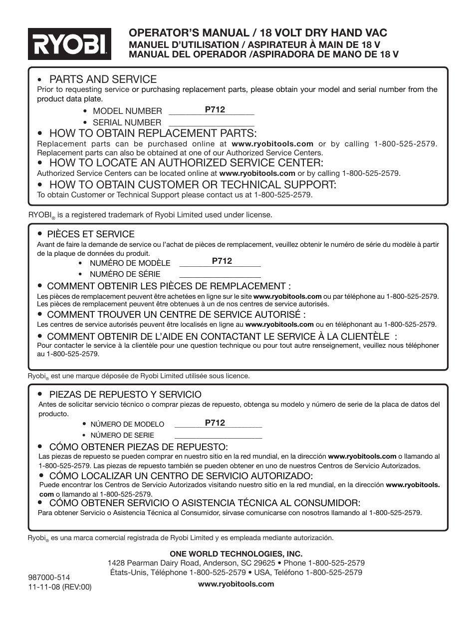 Parts and service, How to obtain replacement parts, How to locate an authorized service center | How to obtain customer or technical support, Operator’s manual / 18 volt dry hand vac | Ryobi P712 User Manual | Page 20 / 20