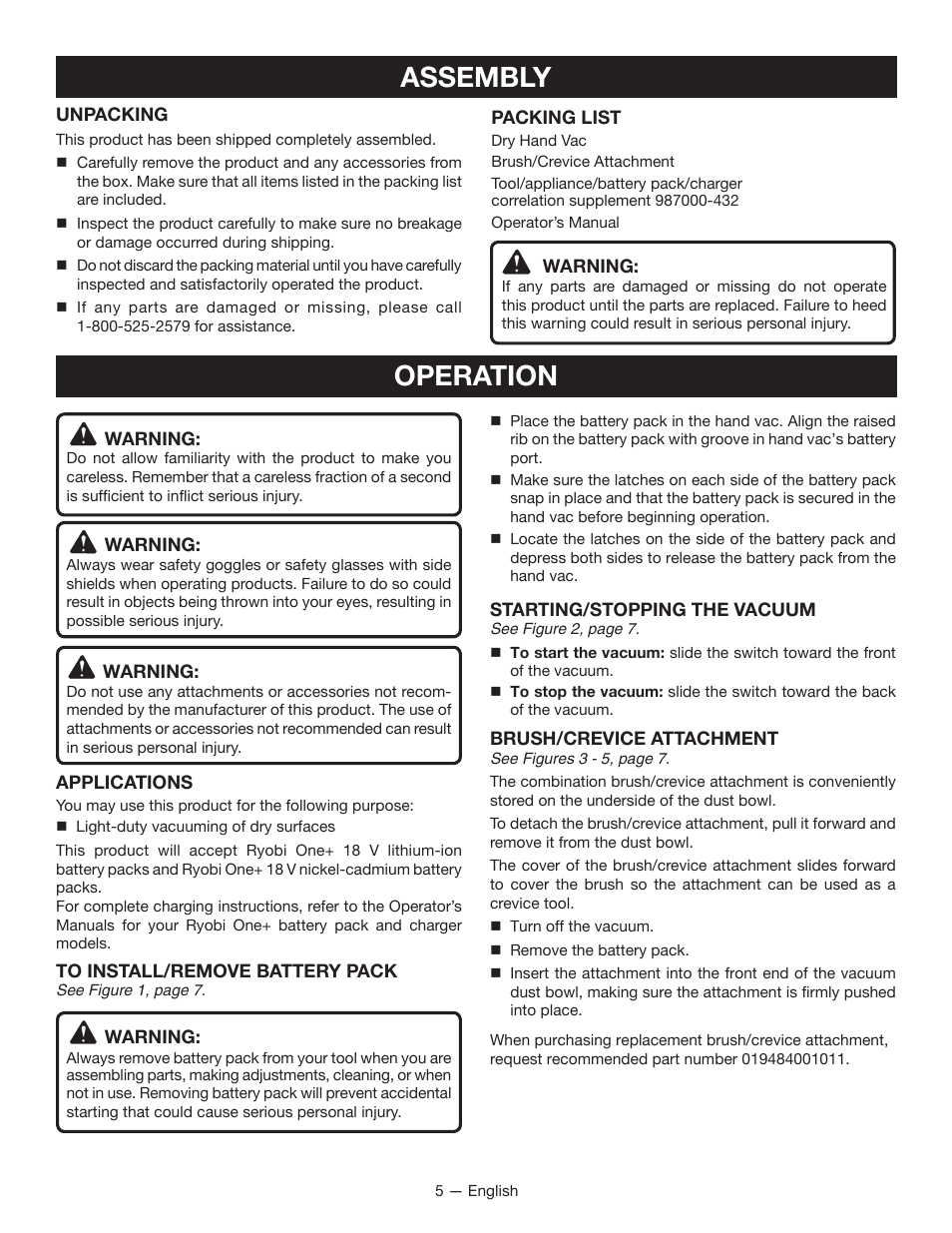 Assembly, Operation | Ryobi P712 User Manual | Page 5 / 20
