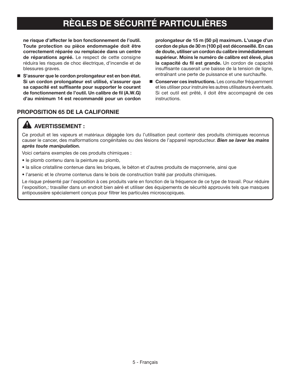 Règles de sécurité particulières | Ryobi HG500QP User Manual | Page 16 / 36