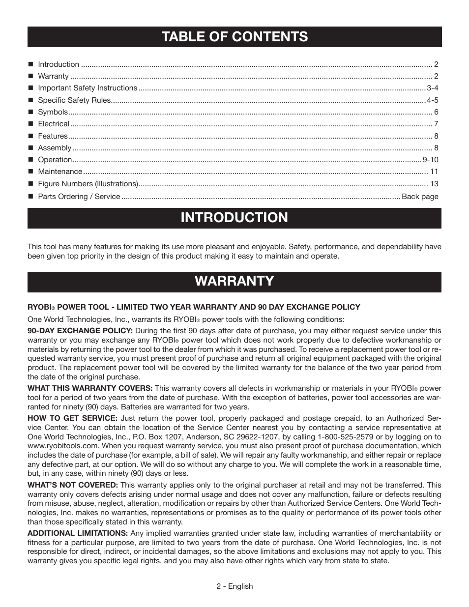 Table of contents introduction, Warranty | Ryobi HG500QP User Manual | Page 2 / 36