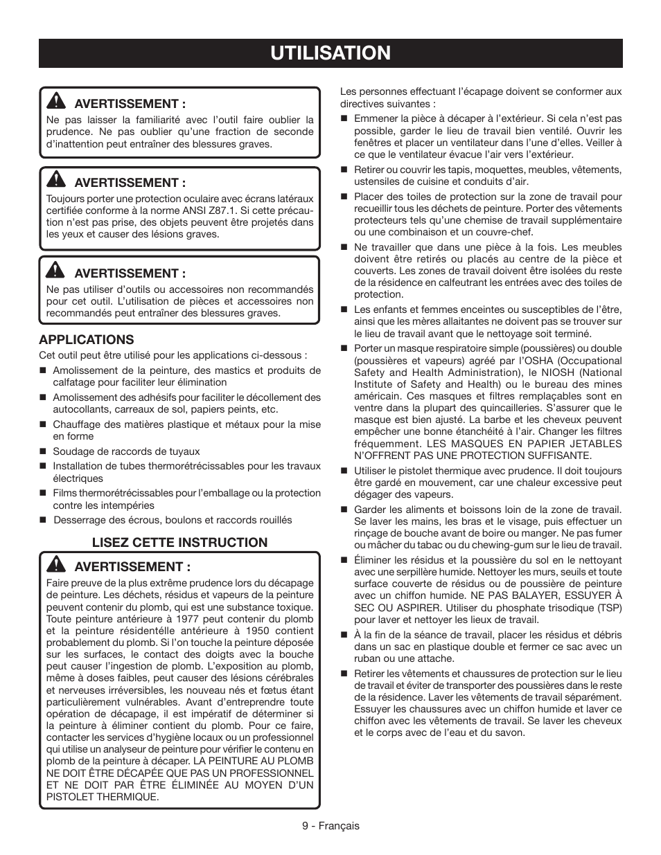 Utilisation, Applications, Lisez cette instruction avertissement | Ryobi HG500QP User Manual | Page 20 / 36