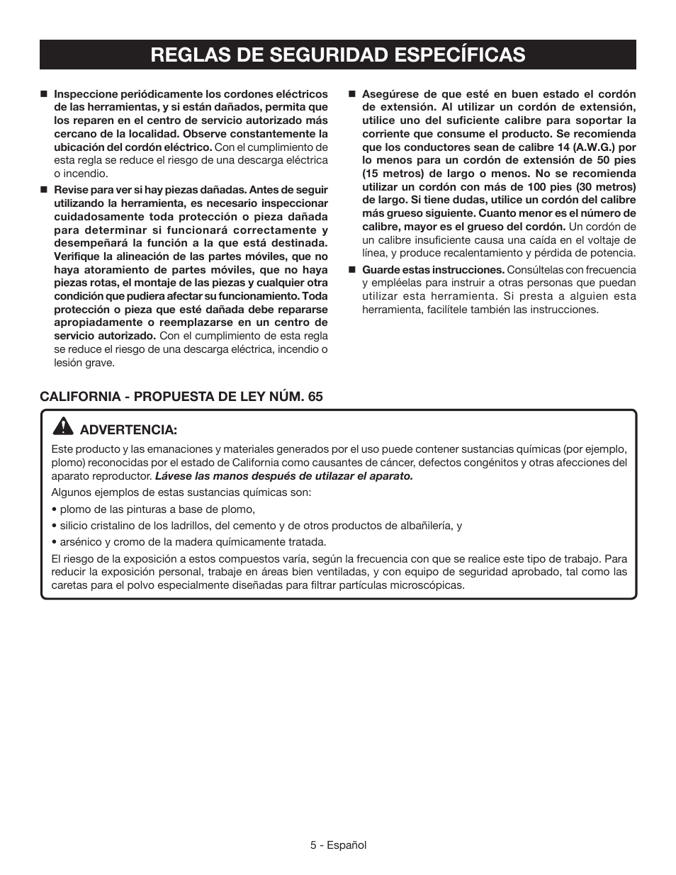 Reglas de seguridad específicas | Ryobi HG500QP User Manual | Page 27 / 36