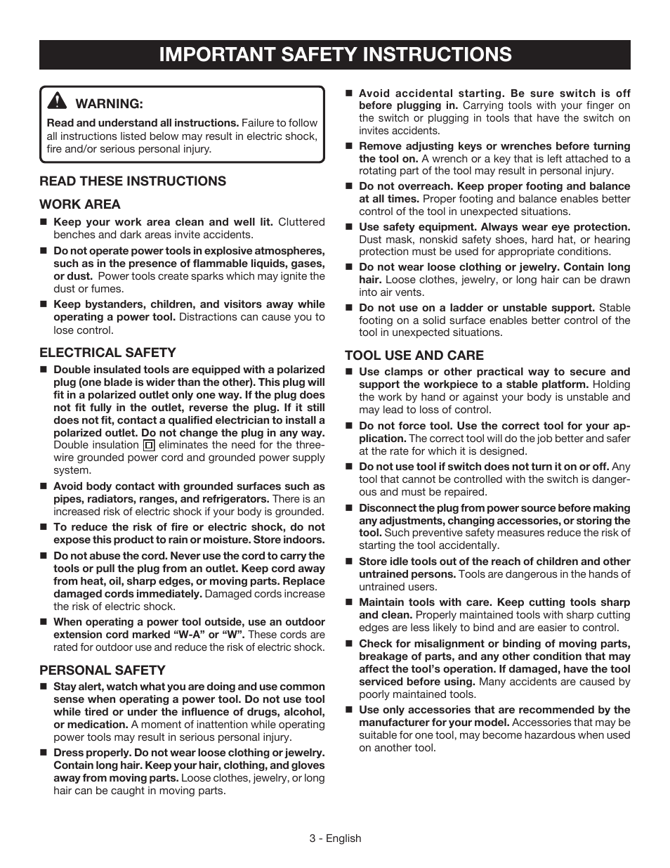 Important safety instructions | Ryobi HG500QP User Manual | Page 3 / 36