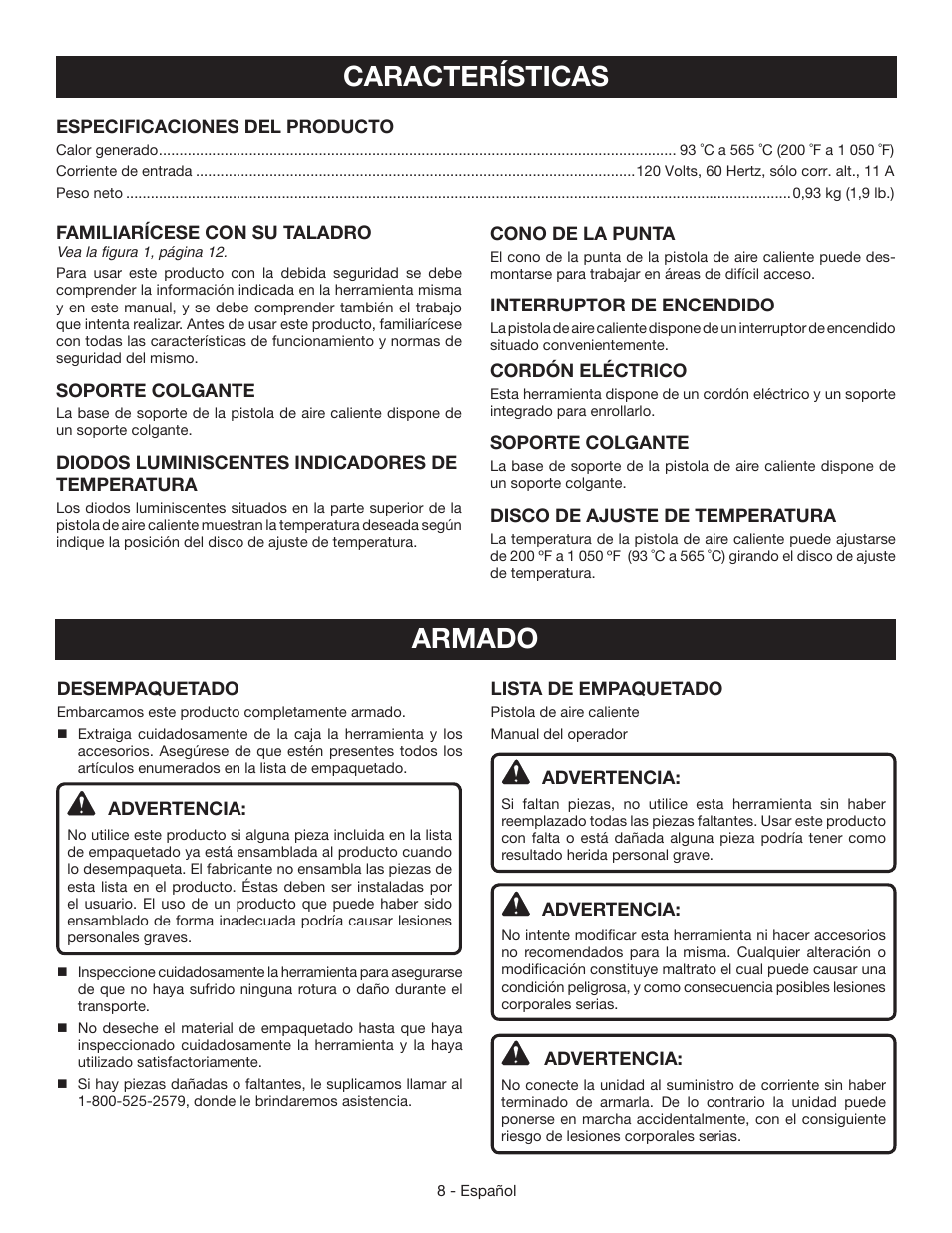 Características, Armado | Ryobi HG500QP User Manual | Page 30 / 36