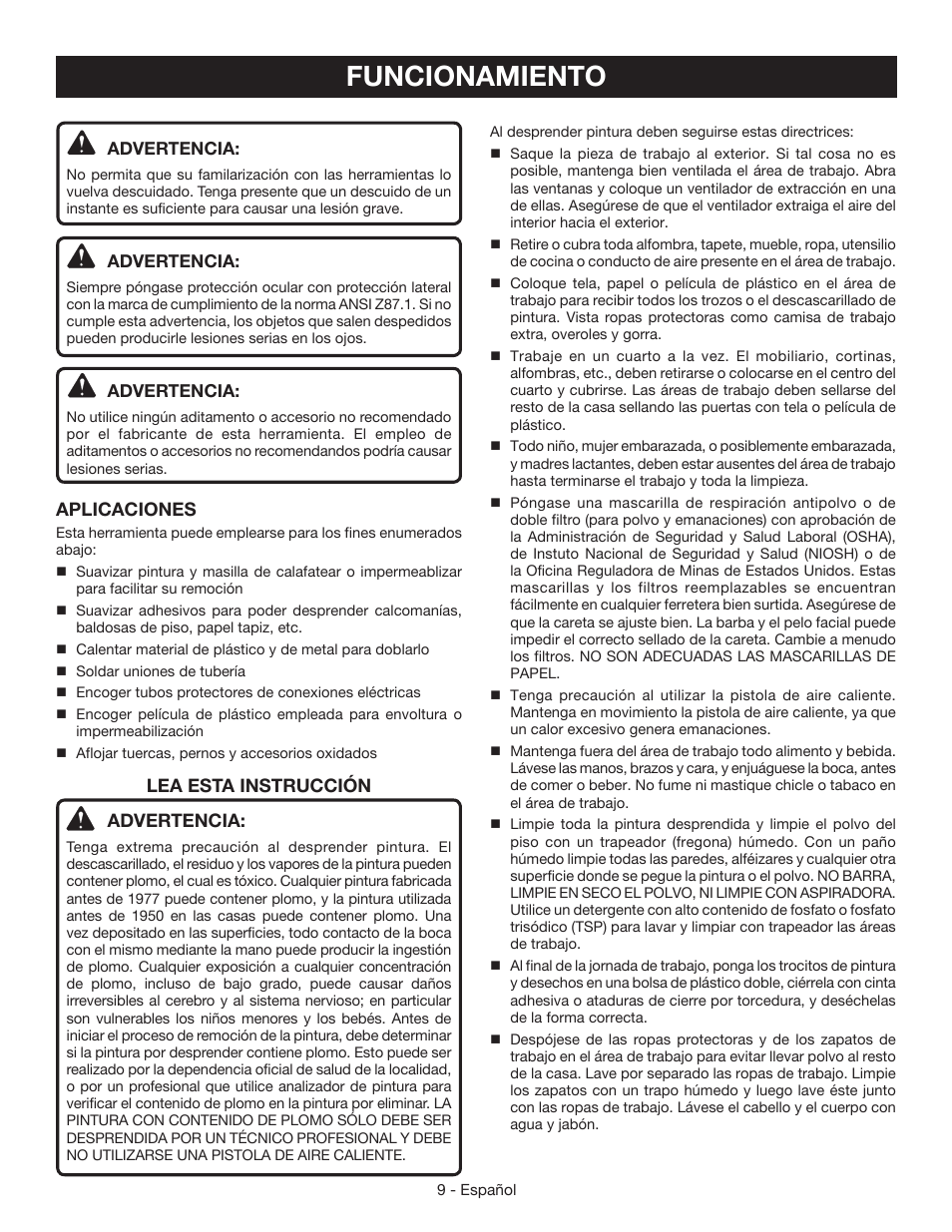 Funcionamiento, Aplicaciones, Lea esta instrucción advertencia | Ryobi HG500QP User Manual | Page 31 / 36