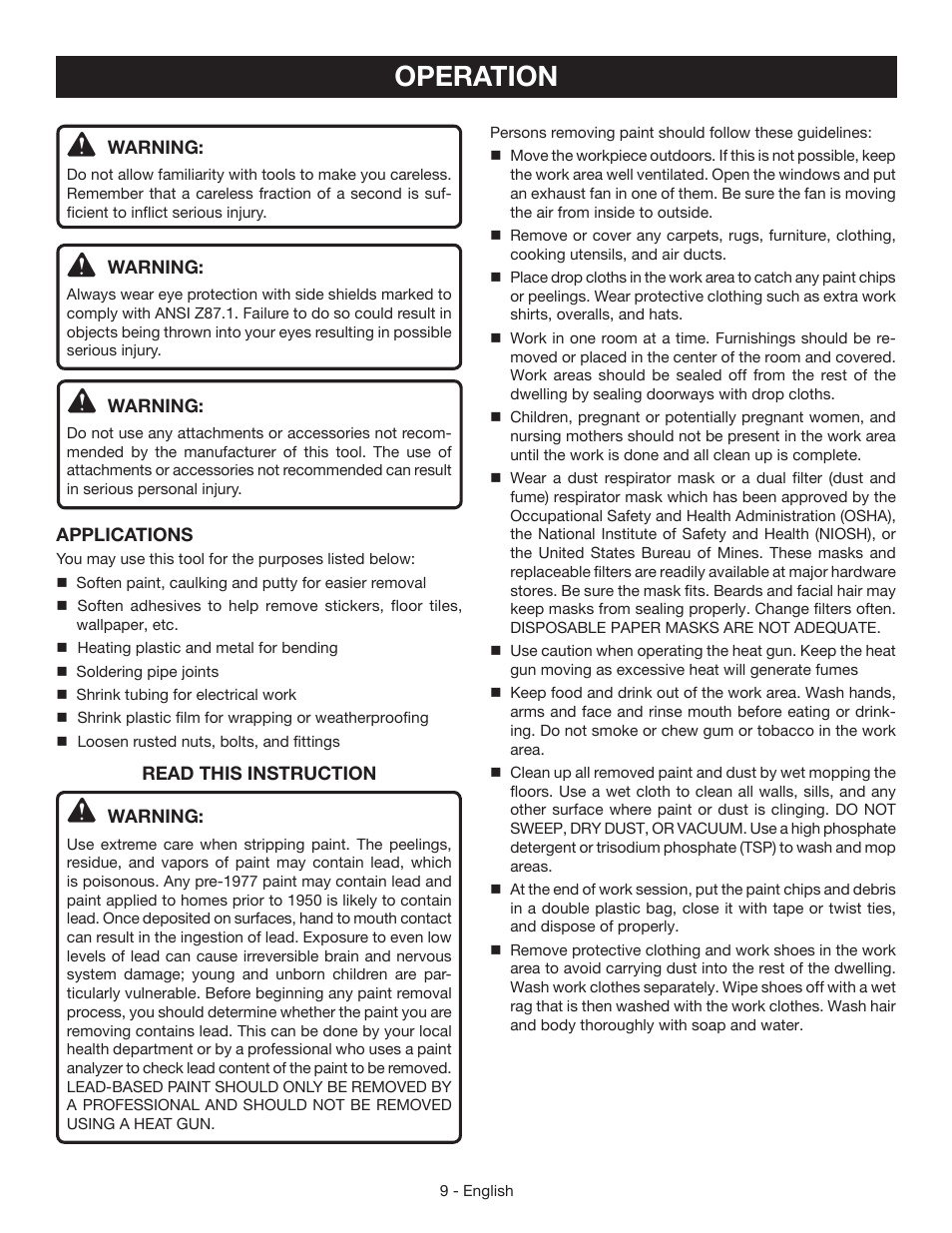 Operation | Ryobi HG500QP User Manual | Page 9 / 36