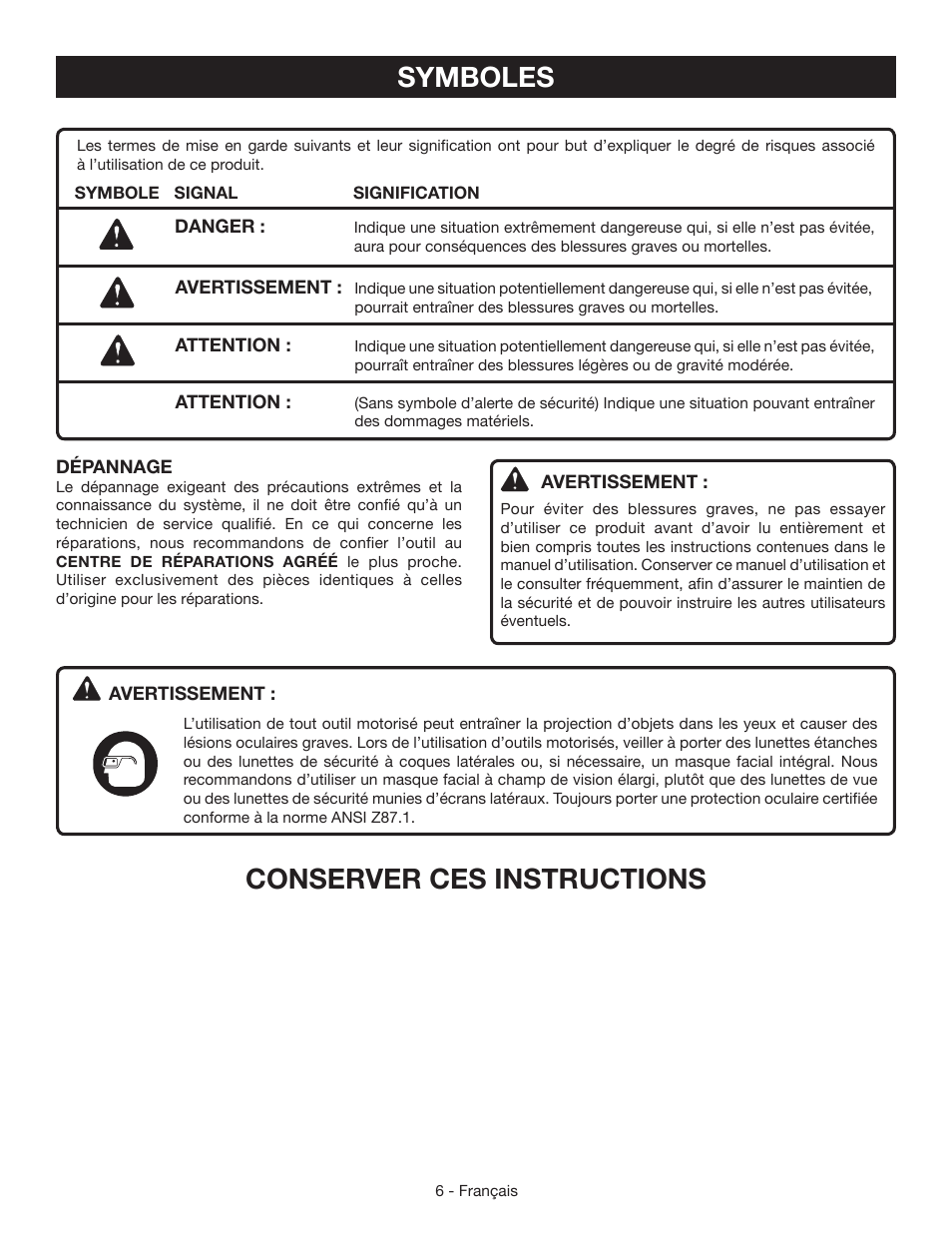 Symboles, Conserver ces instructions | Ryobi HG500 User Manual | Page 16 / 36