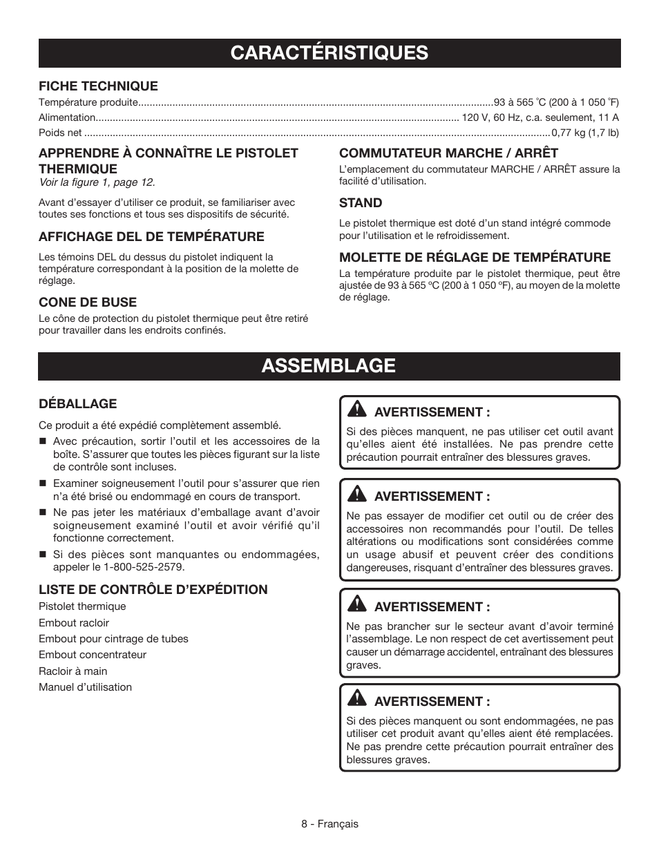 Caractéristiques, Assemblage | Ryobi HG500 User Manual | Page 18 / 36