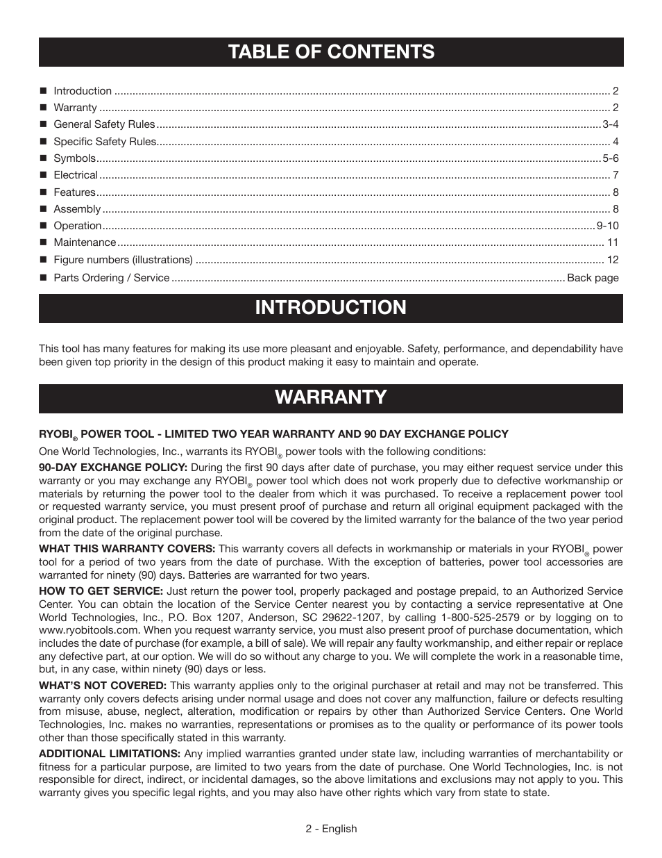 Table of contents introduction, Warranty | Ryobi HG500 User Manual | Page 2 / 36