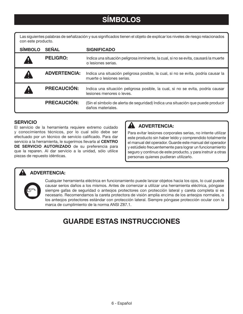 Símbolos, Guarde estas instrucciones | Ryobi HG500 User Manual | Page 26 / 36