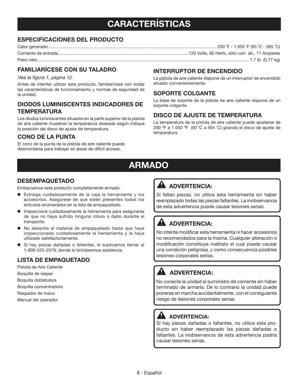 Características, Armado | Ryobi HG500 User Manual | Page 28 / 36