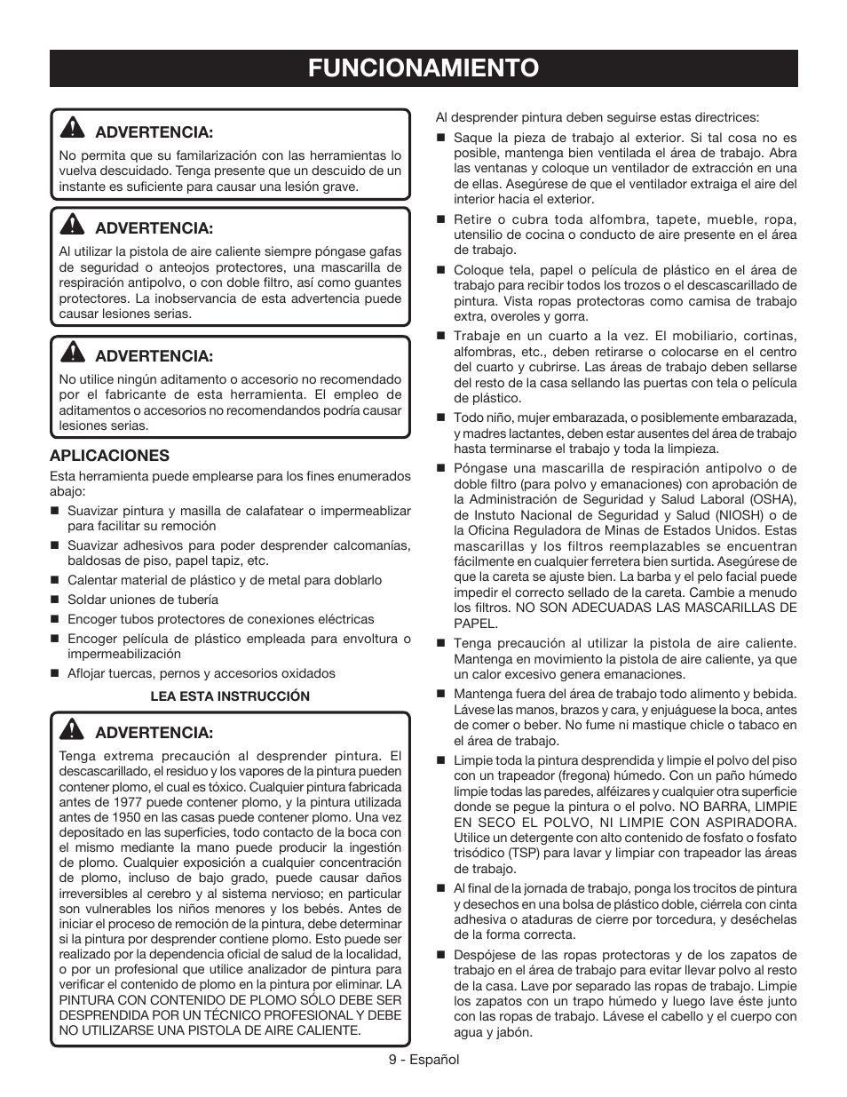 Funcionamiento | Ryobi HG500 User Manual | Page 29 / 36