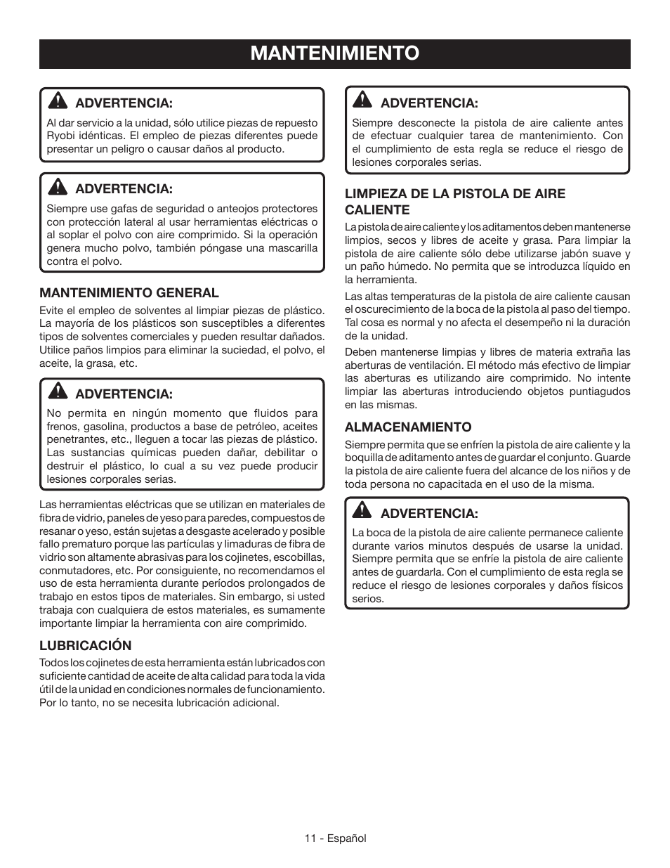 Mantenimiento | Ryobi HG500 User Manual | Page 31 / 36