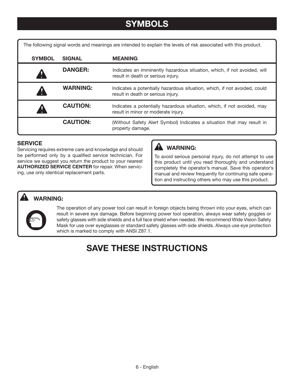 Symbols, Save these instructions | Ryobi HG500 User Manual | Page 6 / 36