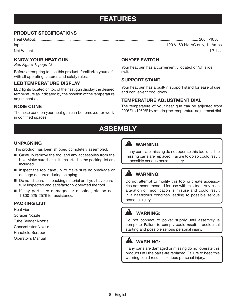 Features, Assembly | Ryobi HG500 User Manual | Page 8 / 36