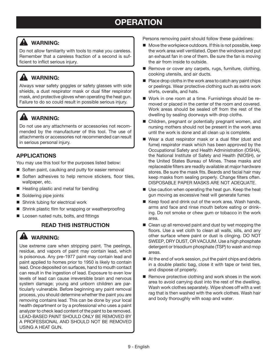 Operation | Ryobi HG500 User Manual | Page 9 / 36