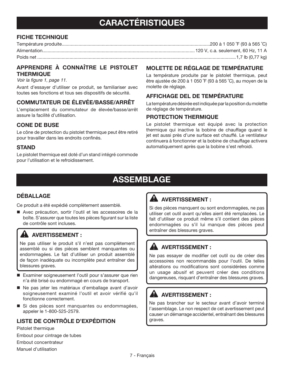 Caractéristiques, Assemblage | Ryobi HG600 User Manual | Page 16 / 32