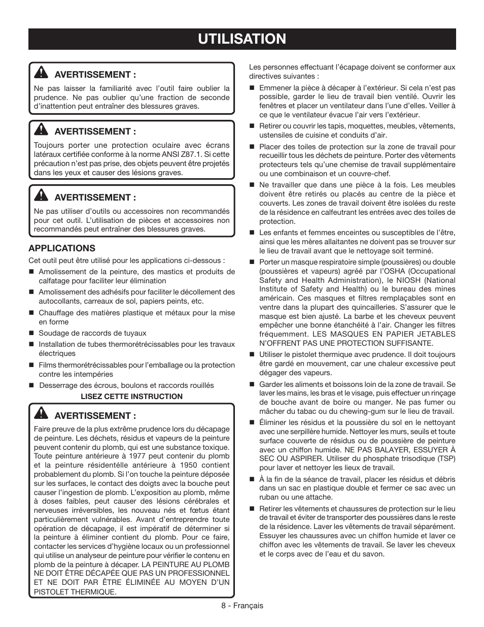 Utilisation | Ryobi HG600 User Manual | Page 17 / 32