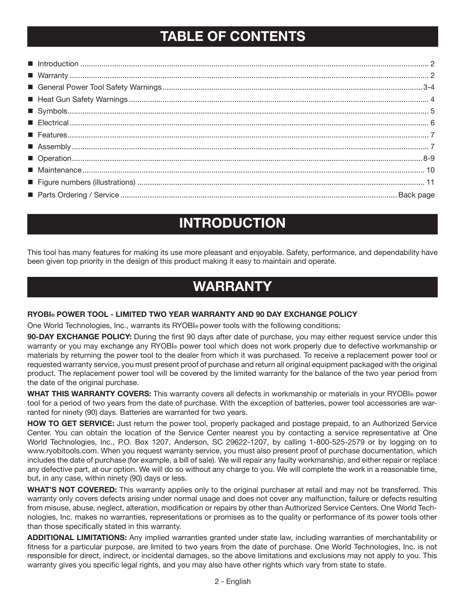 Table of contents introduction, Warranty | Ryobi HG600 User Manual | Page 2 / 32