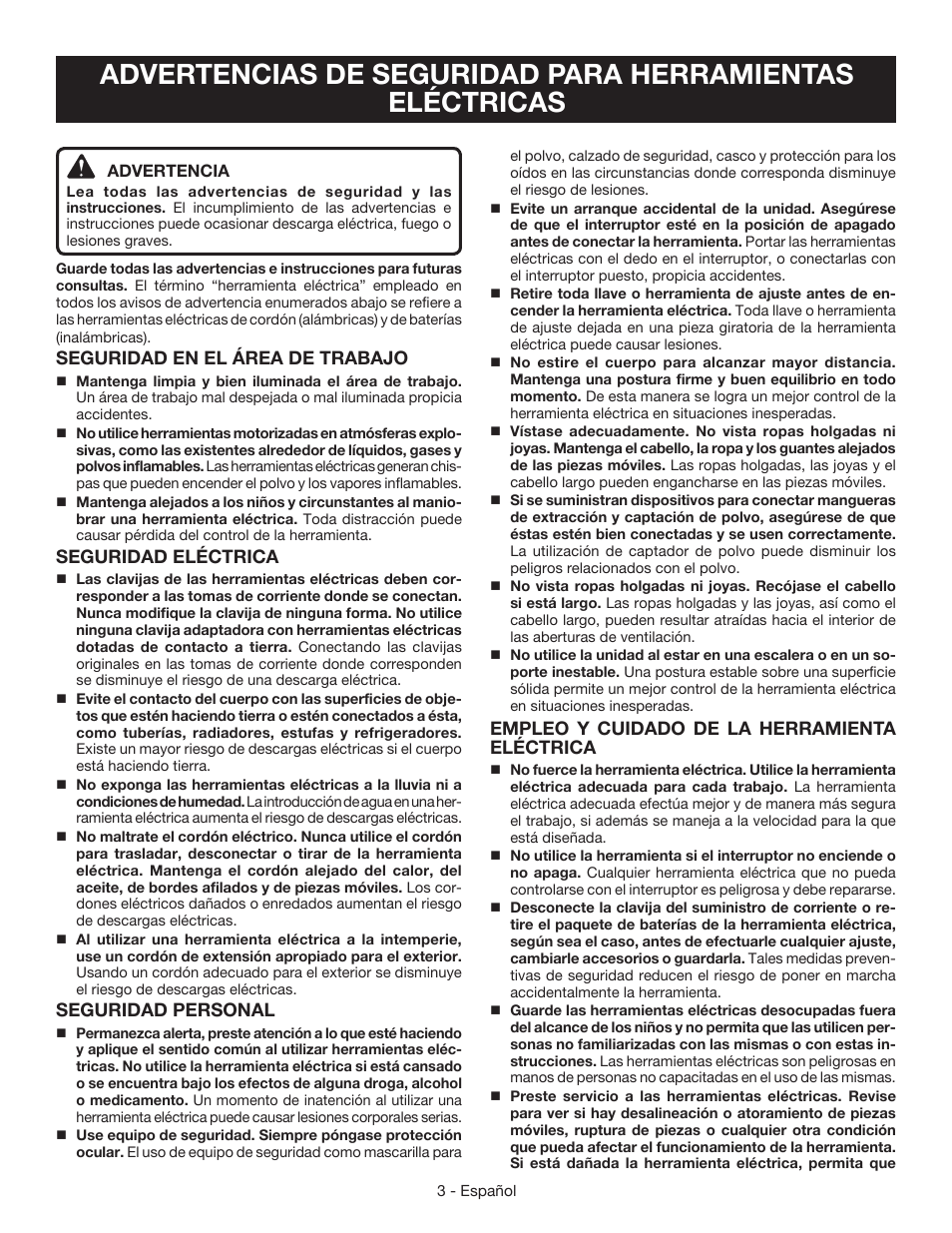 Seguridad en el área de trabajo, Seguridad eléctrica, Seguridad personal | Empleo y cuidado de la herramienta eléctrica | Ryobi HG600 User Manual | Page 21 / 32