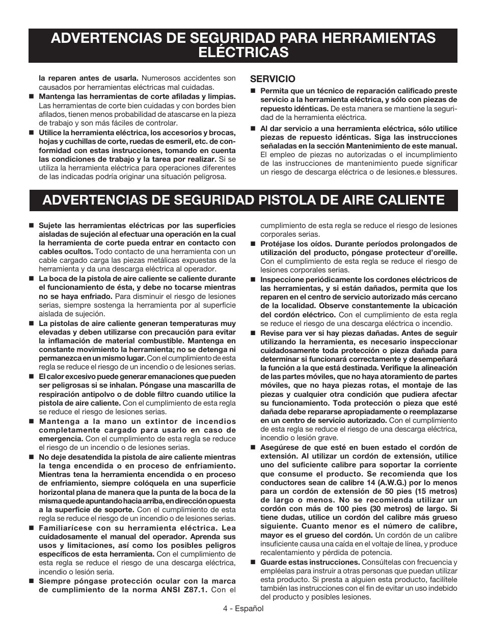 Advertencias de seguridad pistola de aire caliente, Servicio | Ryobi HG600 User Manual | Page 22 / 32
