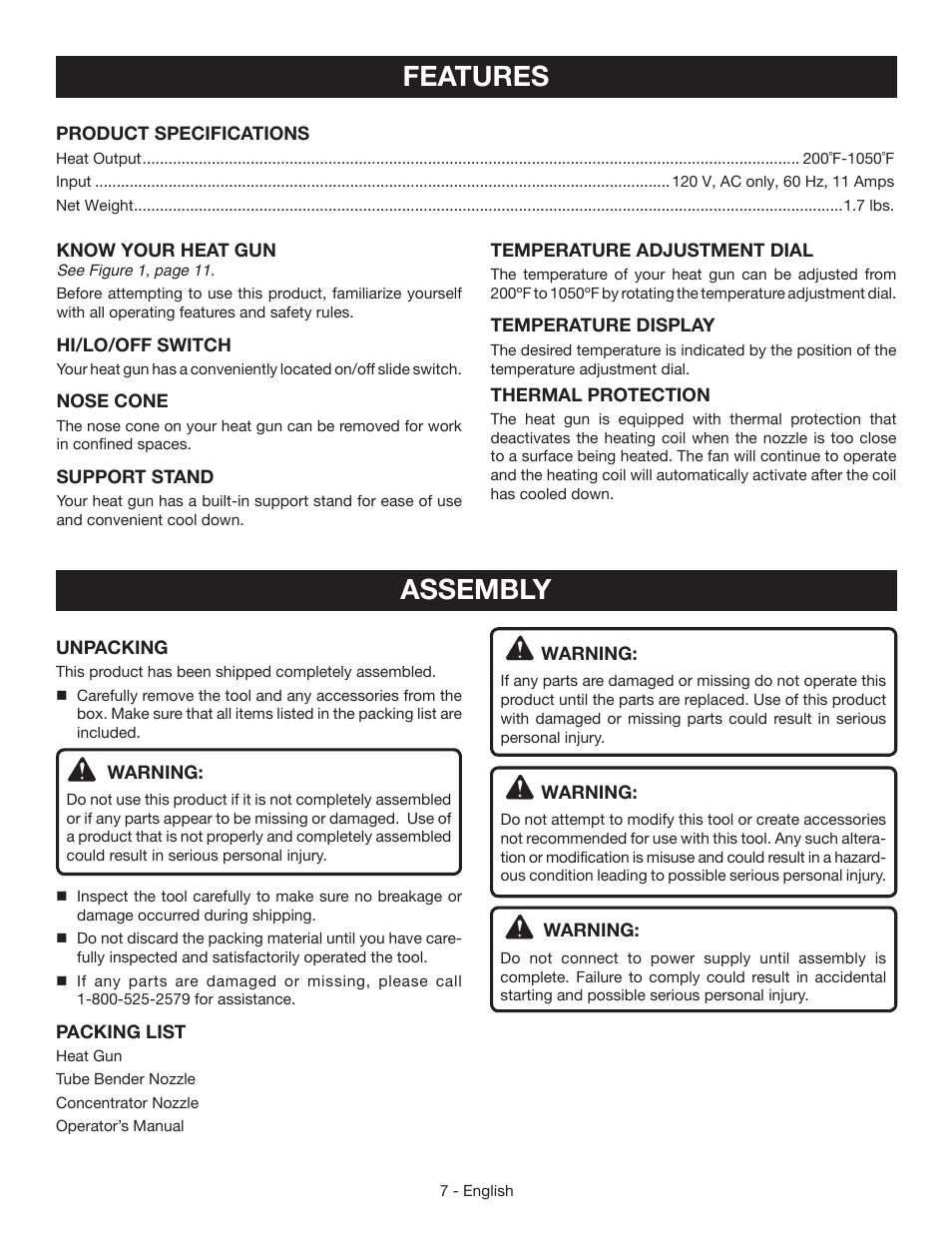 Features, Assembly | Ryobi HG600 User Manual | Page 7 / 32