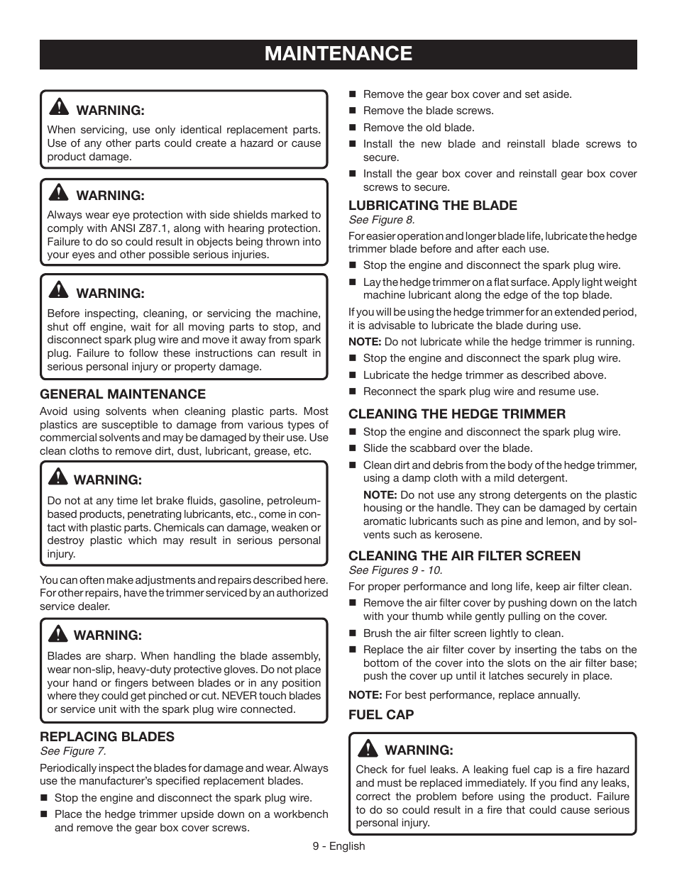 Maintenance | Ryobi RY39500 User Manual | Page 11 / 42