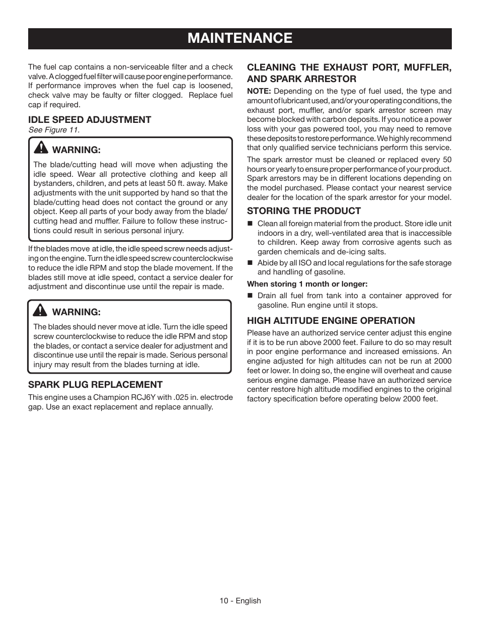 Maintenance | Ryobi RY39500 User Manual | Page 12 / 42