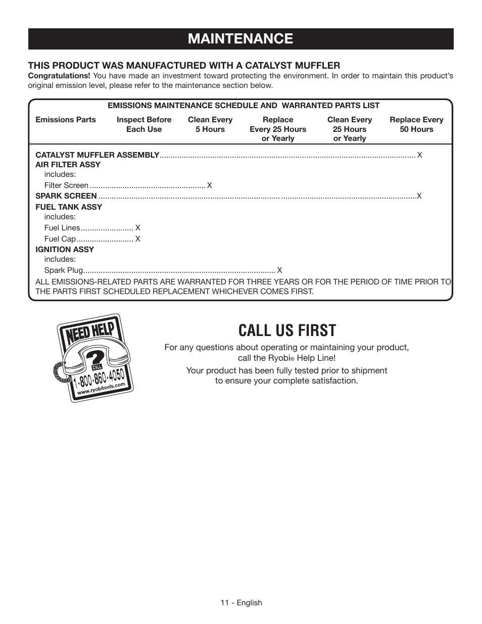 Call us first, Maintenance | Ryobi RY39500 User Manual | Page 13 / 42