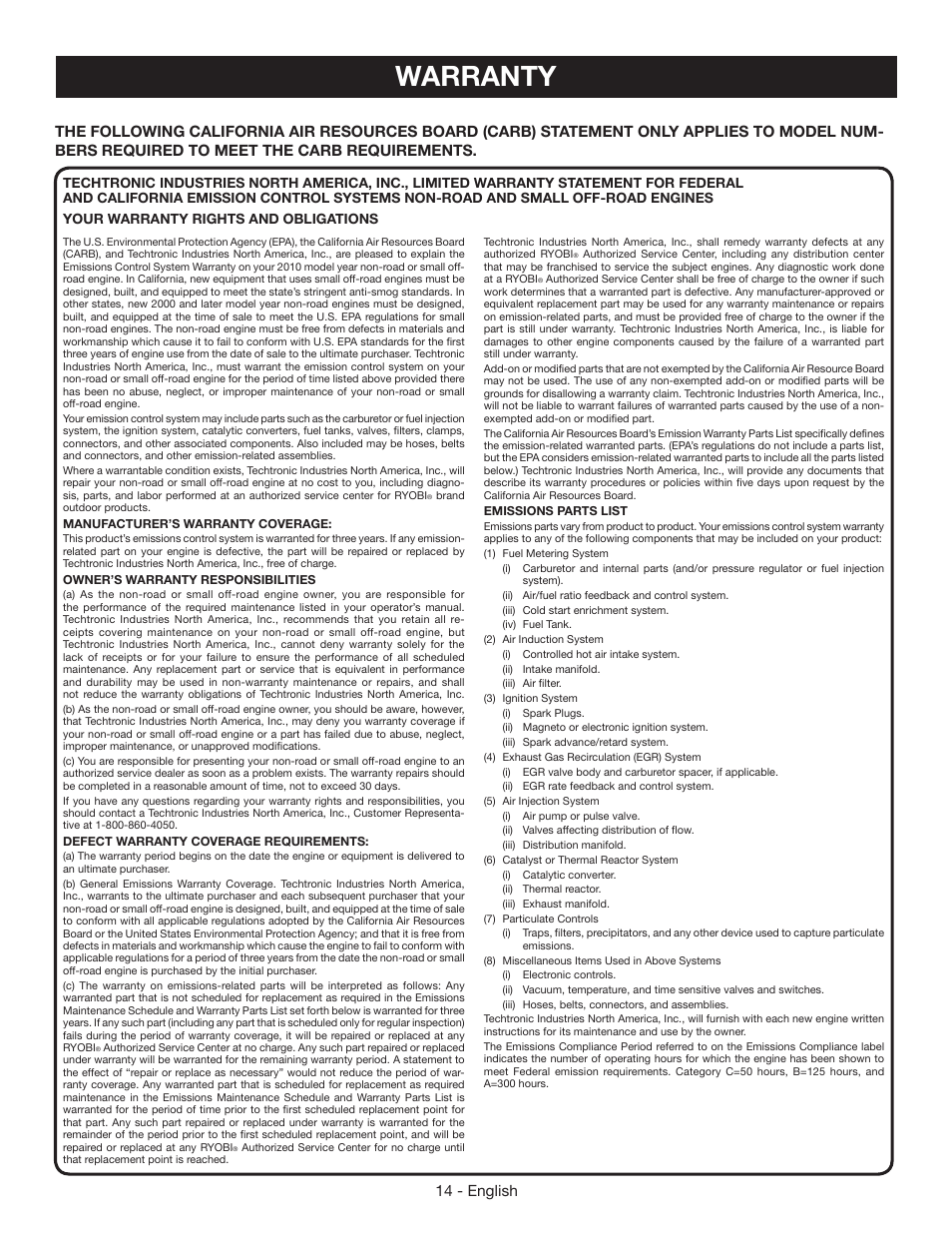 Warranty, 14 - english | Ryobi RY39500 User Manual | Page 16 / 42