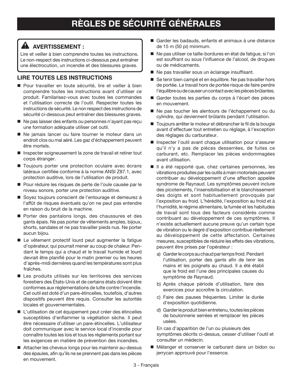 Règles de sécurité générales | Ryobi RY39500 User Manual | Page 17 / 42