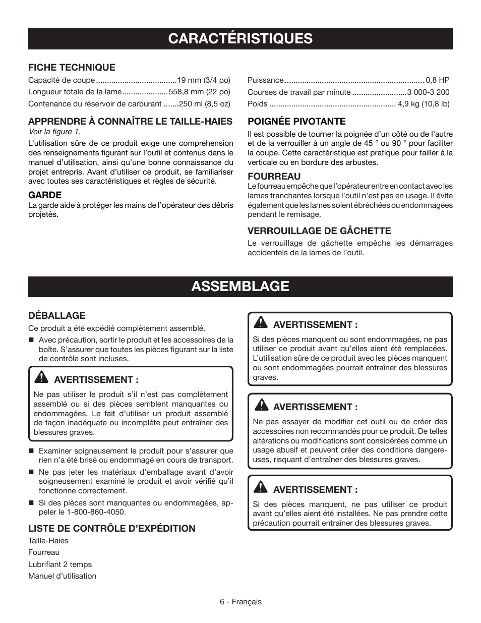 Caractéristiques, Assemblage | Ryobi RY39500 User Manual | Page 20 / 42