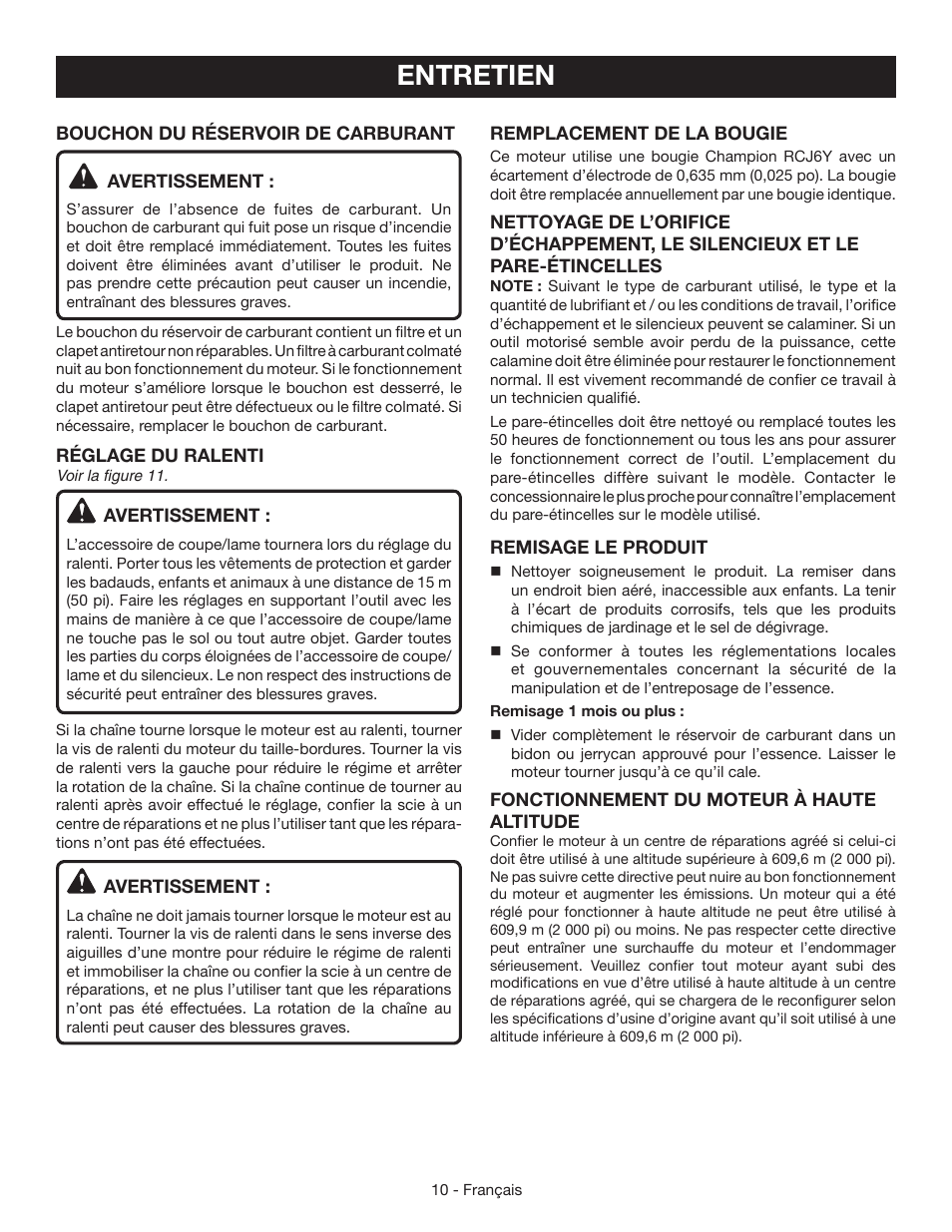 Entretien | Ryobi RY39500 User Manual | Page 24 / 42