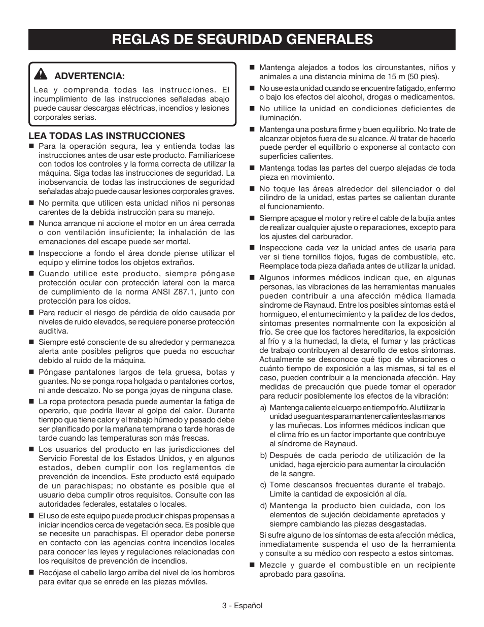 Reglas de seguridad generales | Ryobi RY39500 User Manual | Page 29 / 42