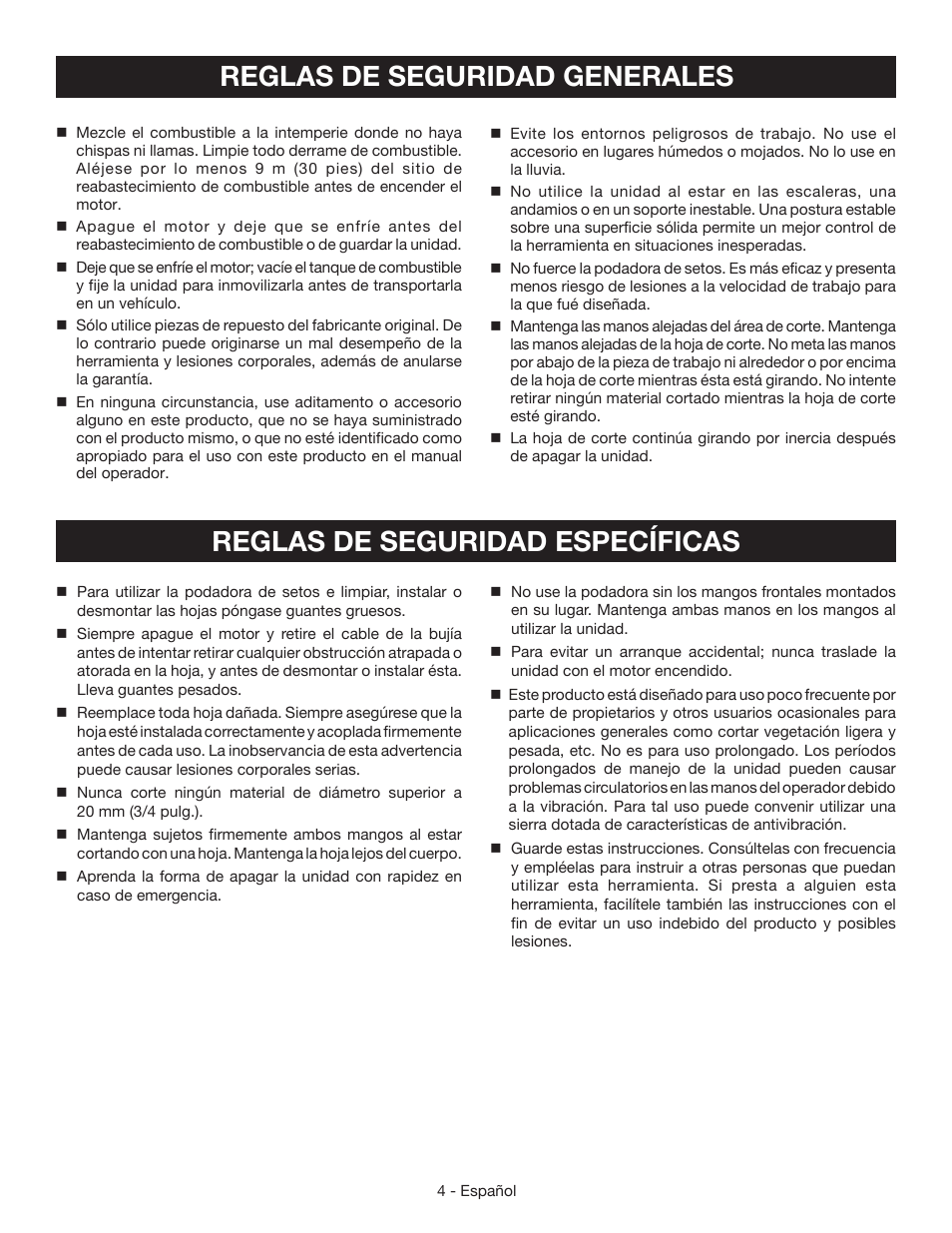 Reglas de seguridad específicas, Reglas de seguridad generales | Ryobi RY39500 User Manual | Page 30 / 42