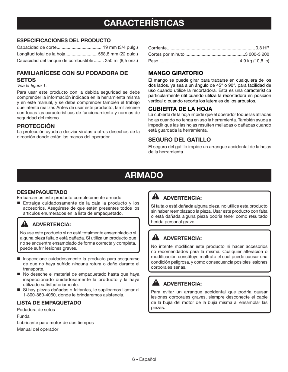 Características, Armado | Ryobi RY39500 User Manual | Page 32 / 42