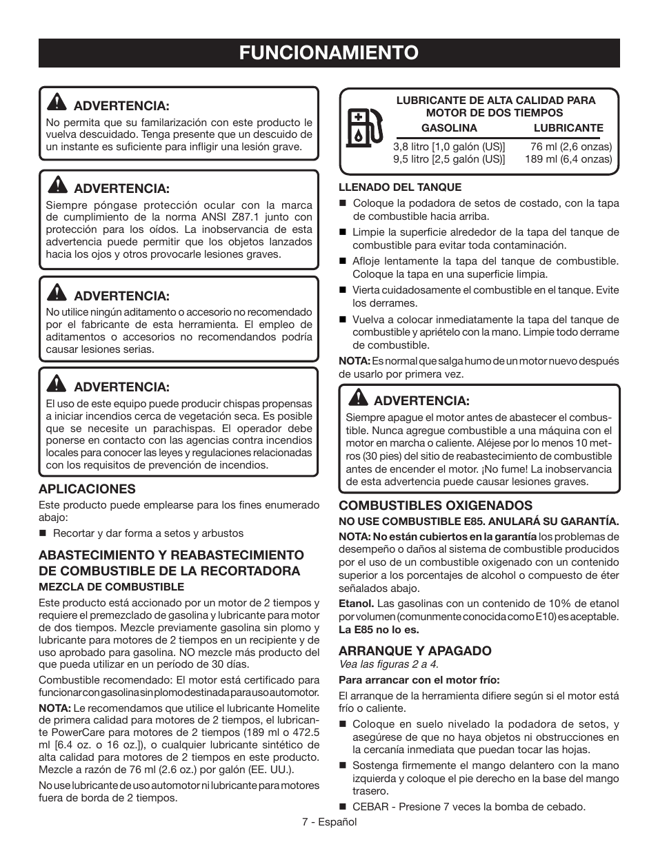 Funcionamiento | Ryobi RY39500 User Manual | Page 33 / 42