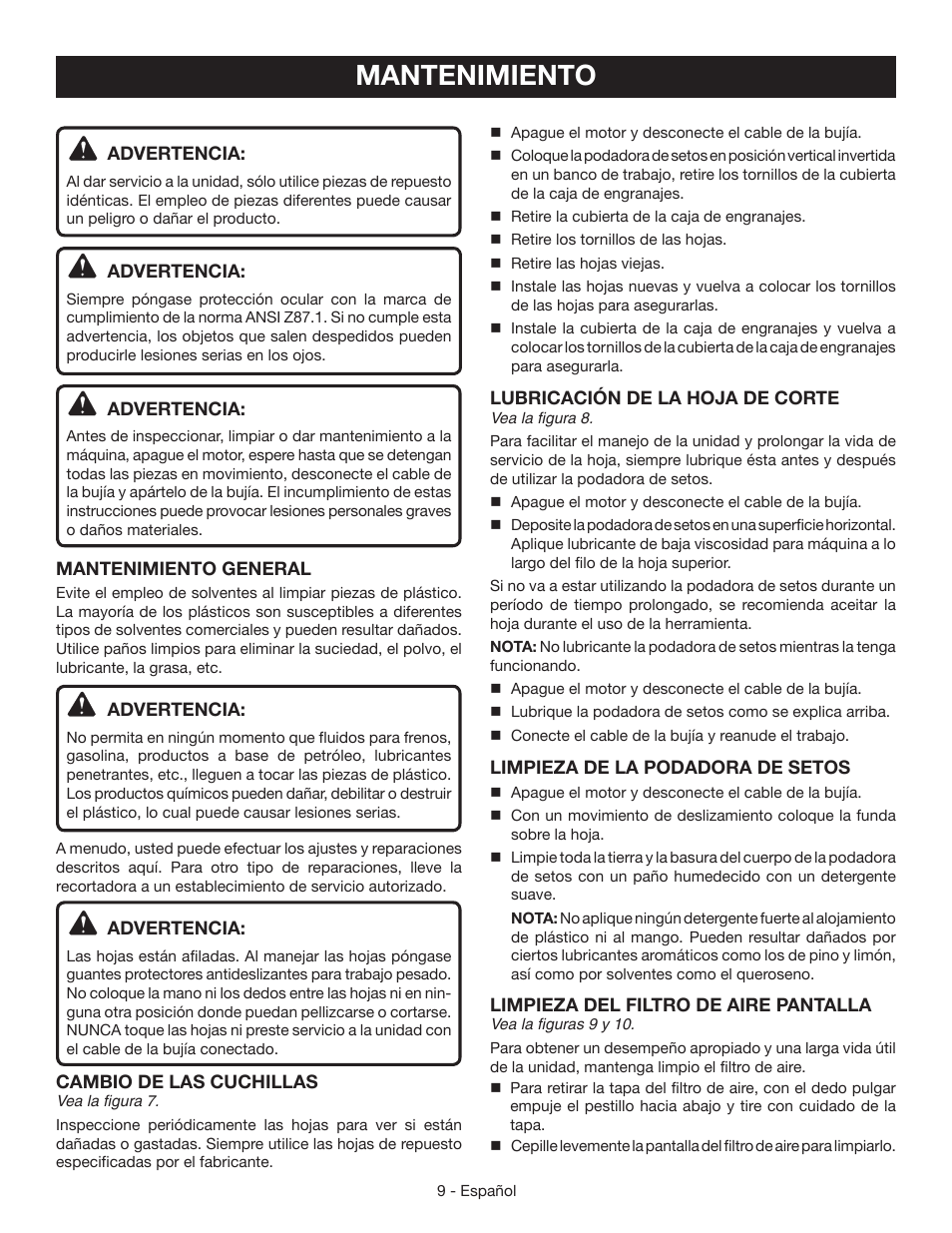Mantenimiento | Ryobi RY39500 User Manual | Page 35 / 42
