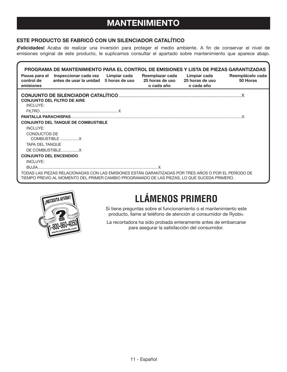 Llámenos primero, Mantenimiento | Ryobi RY39500 User Manual | Page 37 / 42