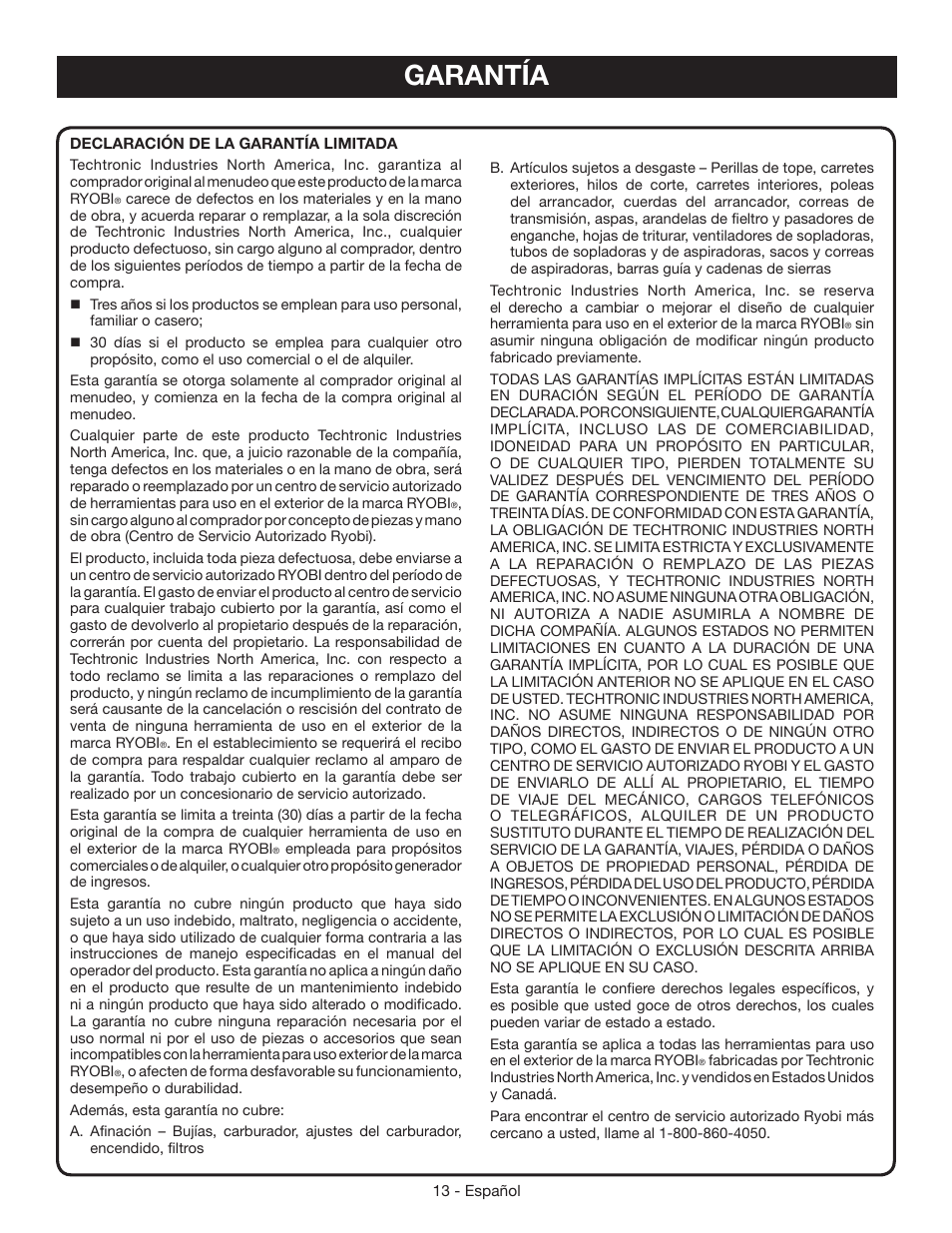Garantía | Ryobi RY39500 User Manual | Page 39 / 42